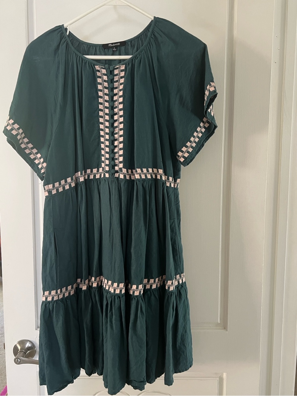 Madewell Teal Tiered Short-Sleeve Dress with Contrast Checker Trim